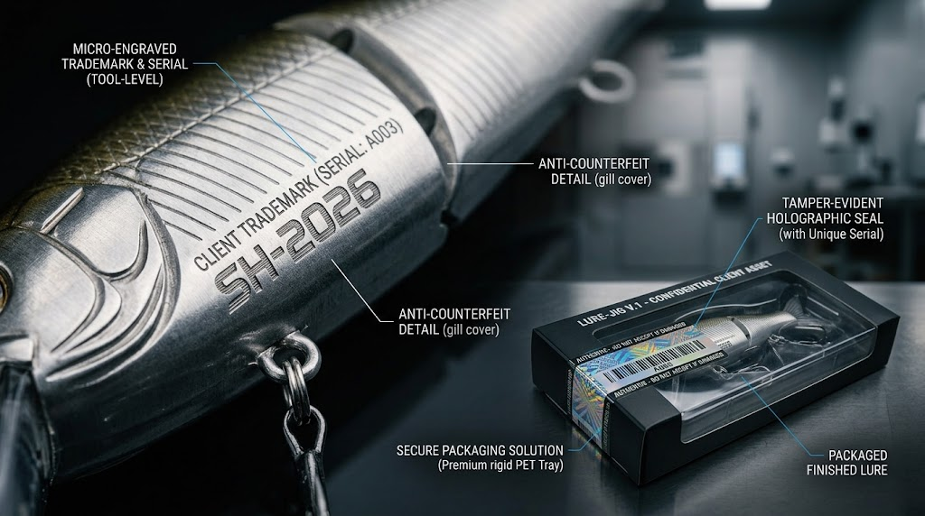 Micro-engraved anti-counterfeit jointed lure body with serialized tamper-evident holographic retail packaging