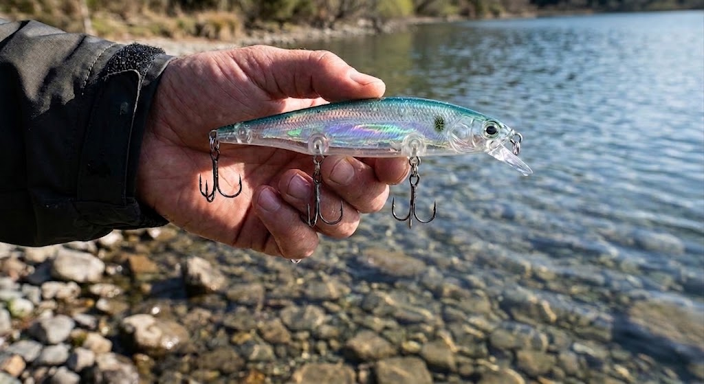 Crystal clear translucent ghost minnow lure held by angler