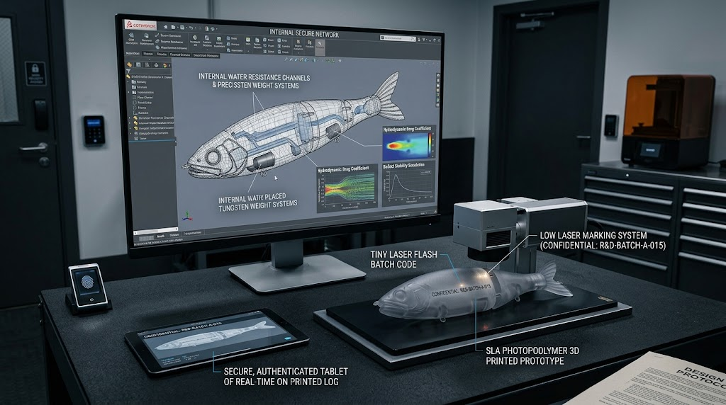 In-house fishing lure CAD hydrodynamic simulation and SLA 3D printed prototype with laser batch coding