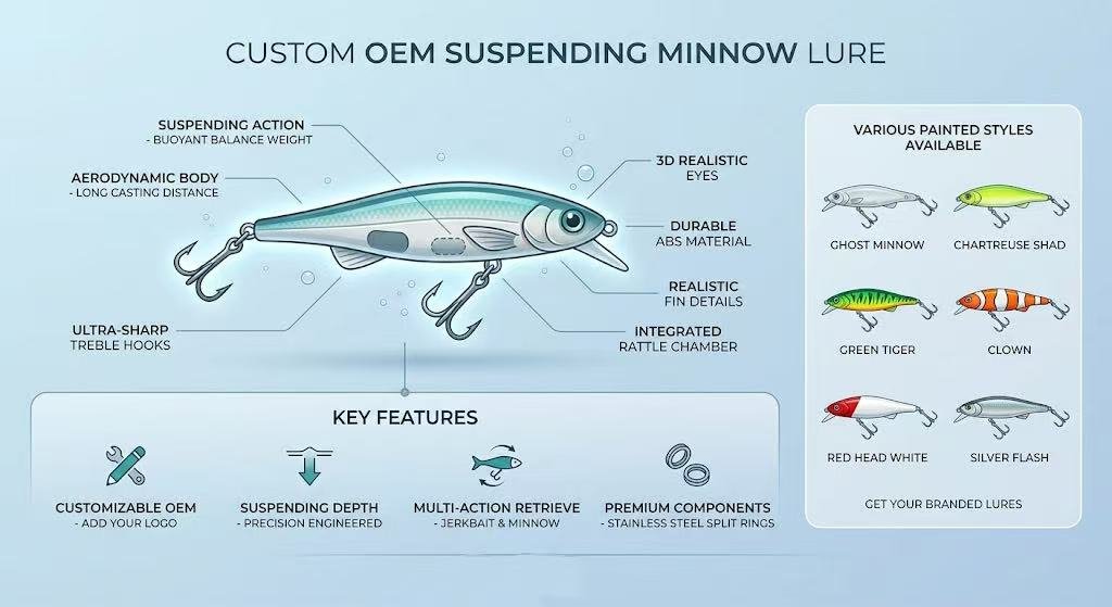 Custom OEM suspending minnow lures in multiple painted colorways