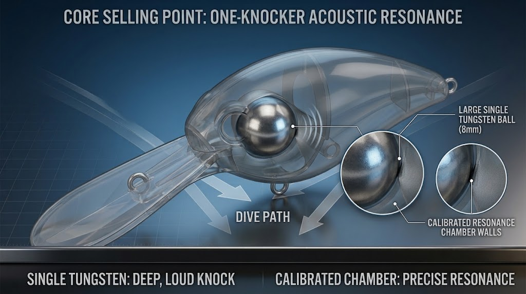 Crankbait internal acoustic resonance chamber with single 8mm tungsten ball for precise one-knocker sound.