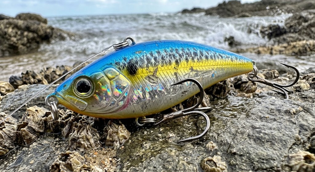 Durable fishing lure with scratch-resistant coating on rocks