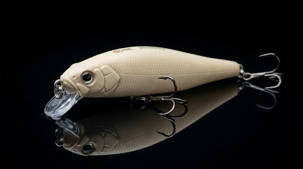 Bone color minnow lure with high resonance on black background