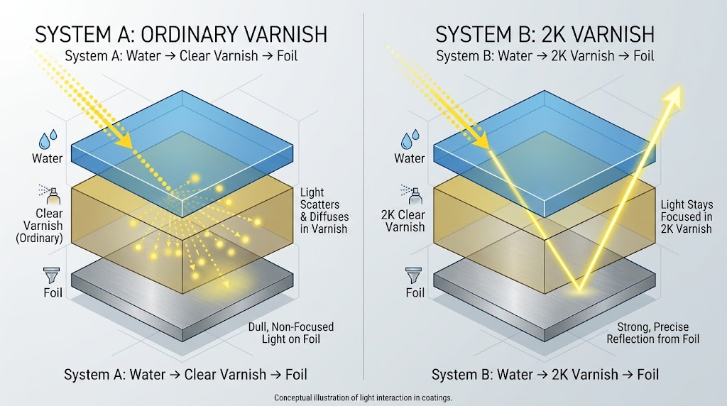 Ordinary Varnish vs 2K Clear Varnish Light Interaction Comparison
