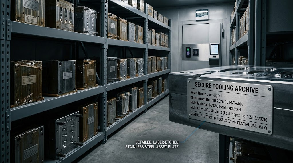 Secure climate-controlled tooling archive for client fishing lure molds with laser-etched asset plates
