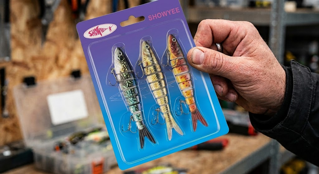 Hand holding a blister pack with three hard lures