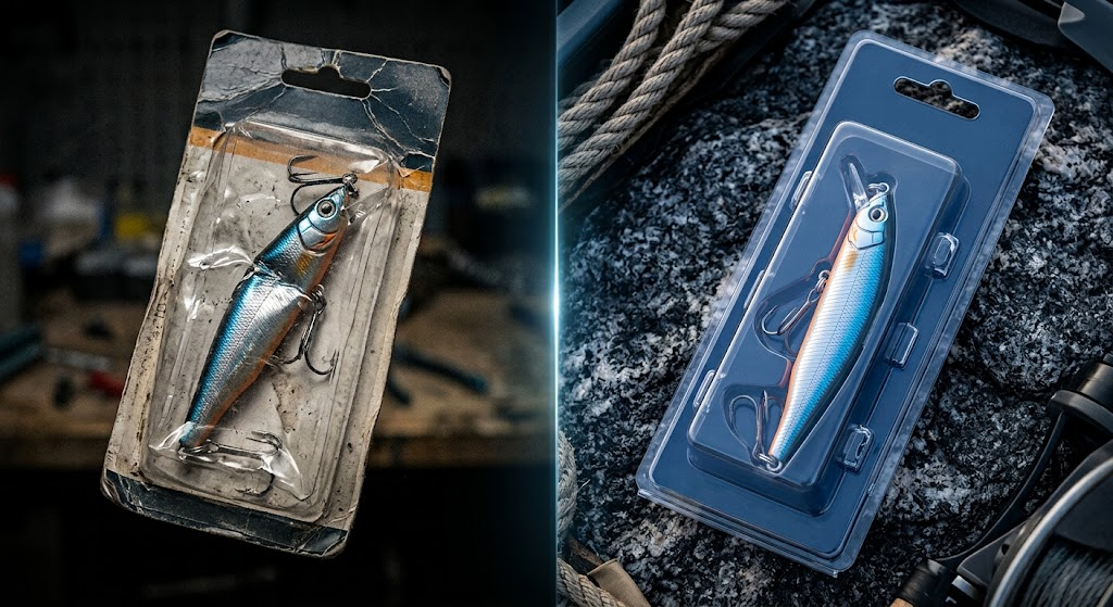 Damaged lure packaging vs. secure Showyee packaging