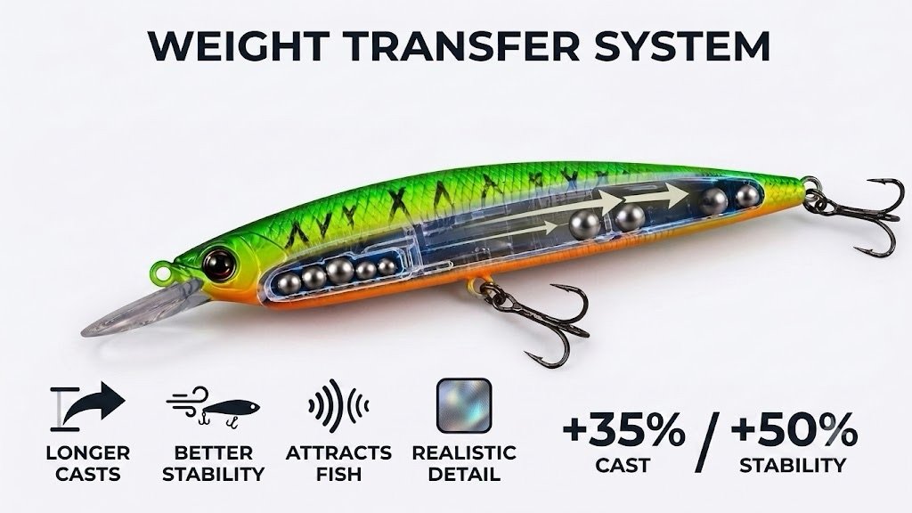 Moving weight transfer system cutaway inside a custom suspending minnow