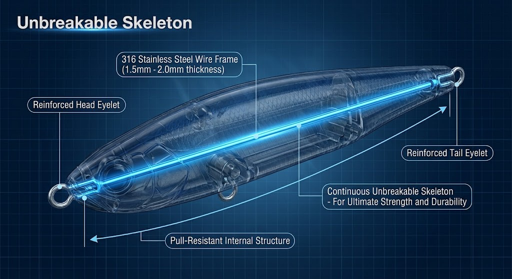 Exploded view diagram of a multi-jointed swimbait showing the internal unbreakable skeleton structure. Features include a continuous 316 stainless steel wire frame (1.5mm-2.0mm thickness) running through the body, reinforced head and tail eyelets for pull resistance, and a durable internal structure designed for ultimate strength.